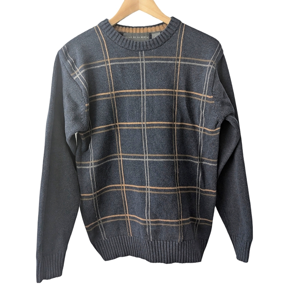 Oscar De La Renta Gray Blue Pullover Crewneck Sweater Windowpane Stripe Size M